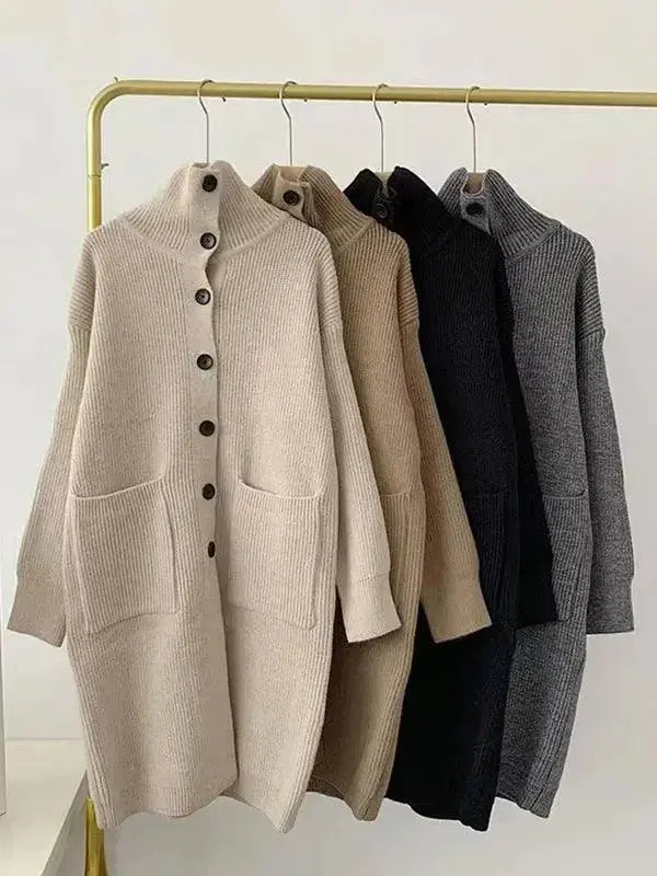 Mid-length women's turtleneck cardigan sweater in soft wool blend, from Plush Fashion Hub, featuring a solid color and cozy fit.