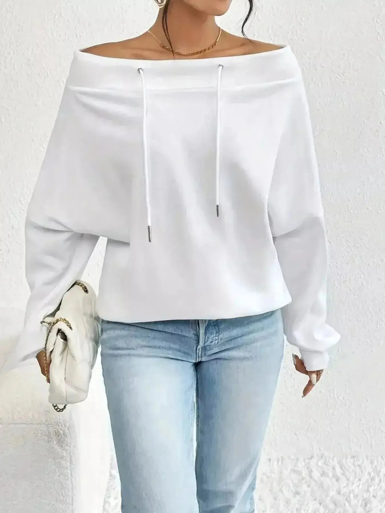 Off-Shoulder Drawstring Sweatshirt - Plush Fashion Hub