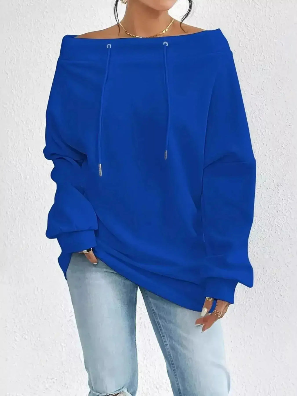 Off-Shoulder Drawstring Sweatshirt - Plush Fashion Hub