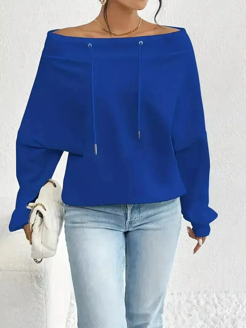 Off-Shoulder Drawstring Sweatshirt - Plush Fashion Hub