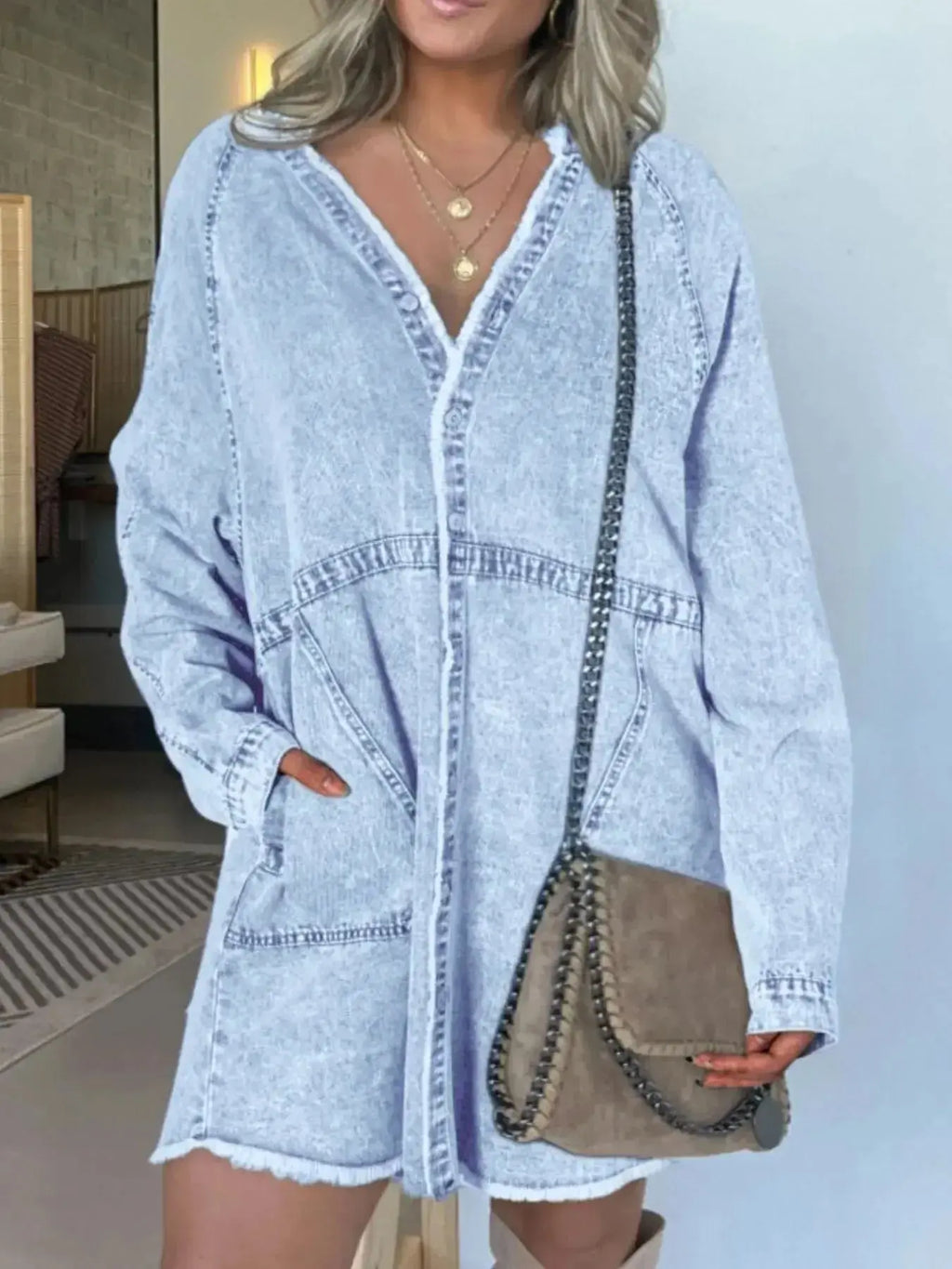 Full Size Button-Front Long Sleeve Denim Shirt Dress Plus Size - Plush Fashion Hub
