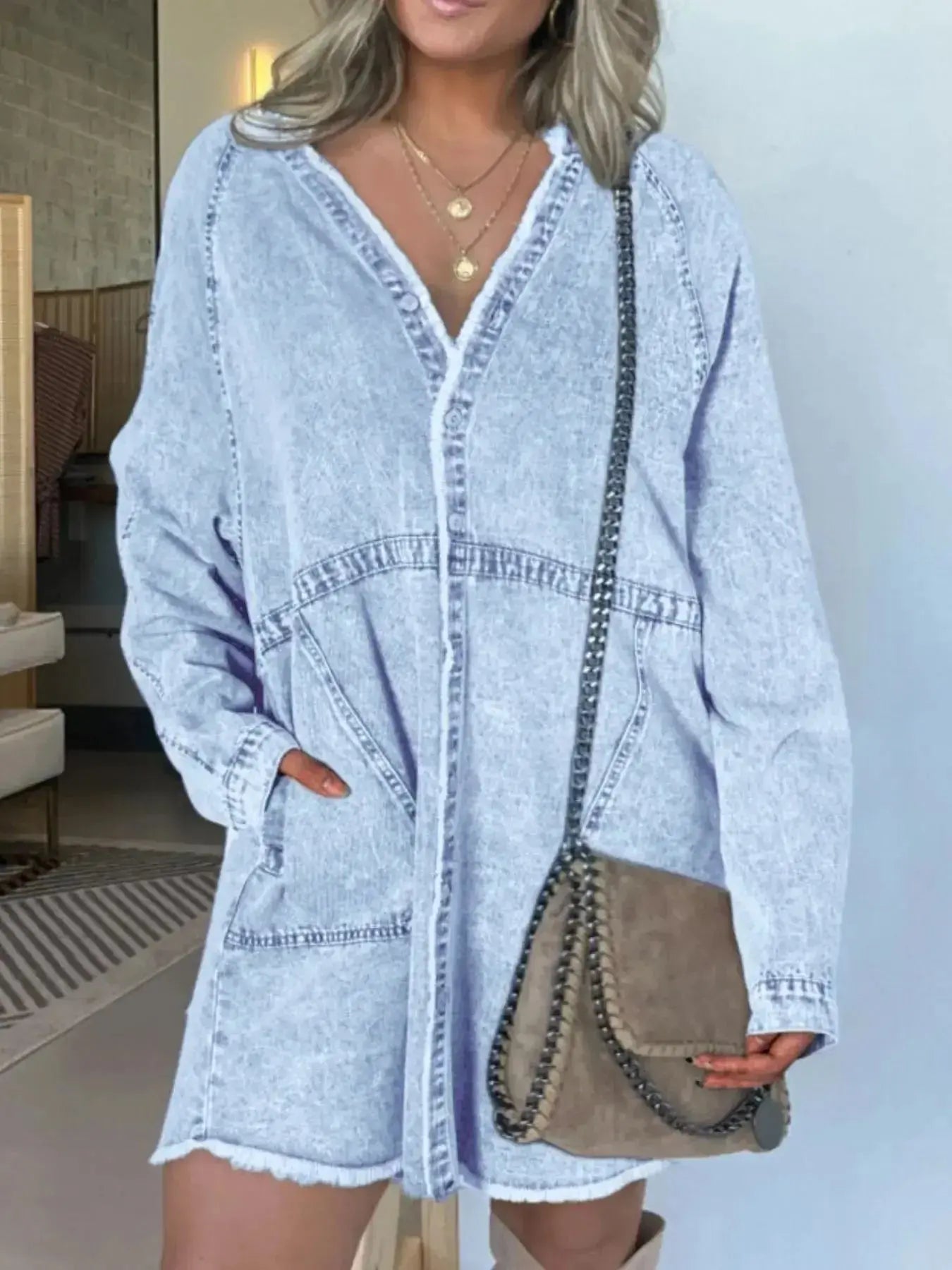Full Size Button-Front Long Sleeve Denim Shirt Dress Plus Size - Plush Fashion Hub