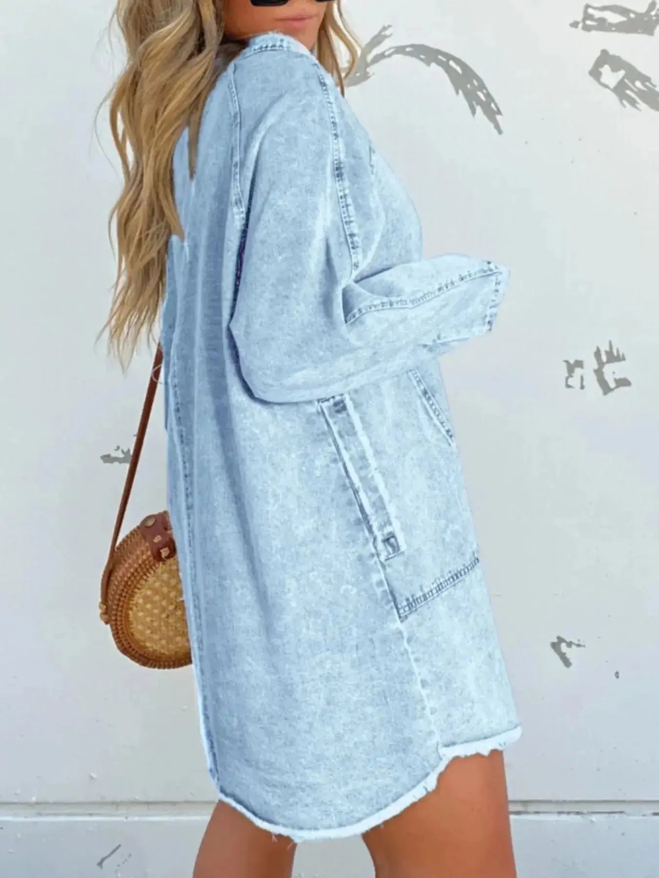 Full Size Button-Front Long Sleeve Denim Shirt Dress Plus Size - Plush Fashion Hub