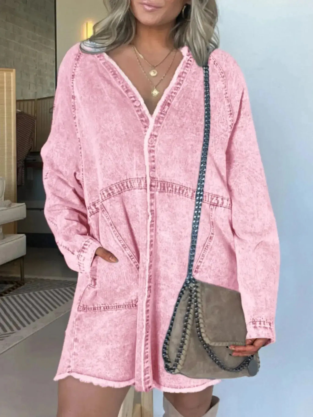 Full Size Button-Front Long Sleeve Denim Shirt Dress Plus Size - Plush Fashion Hub
