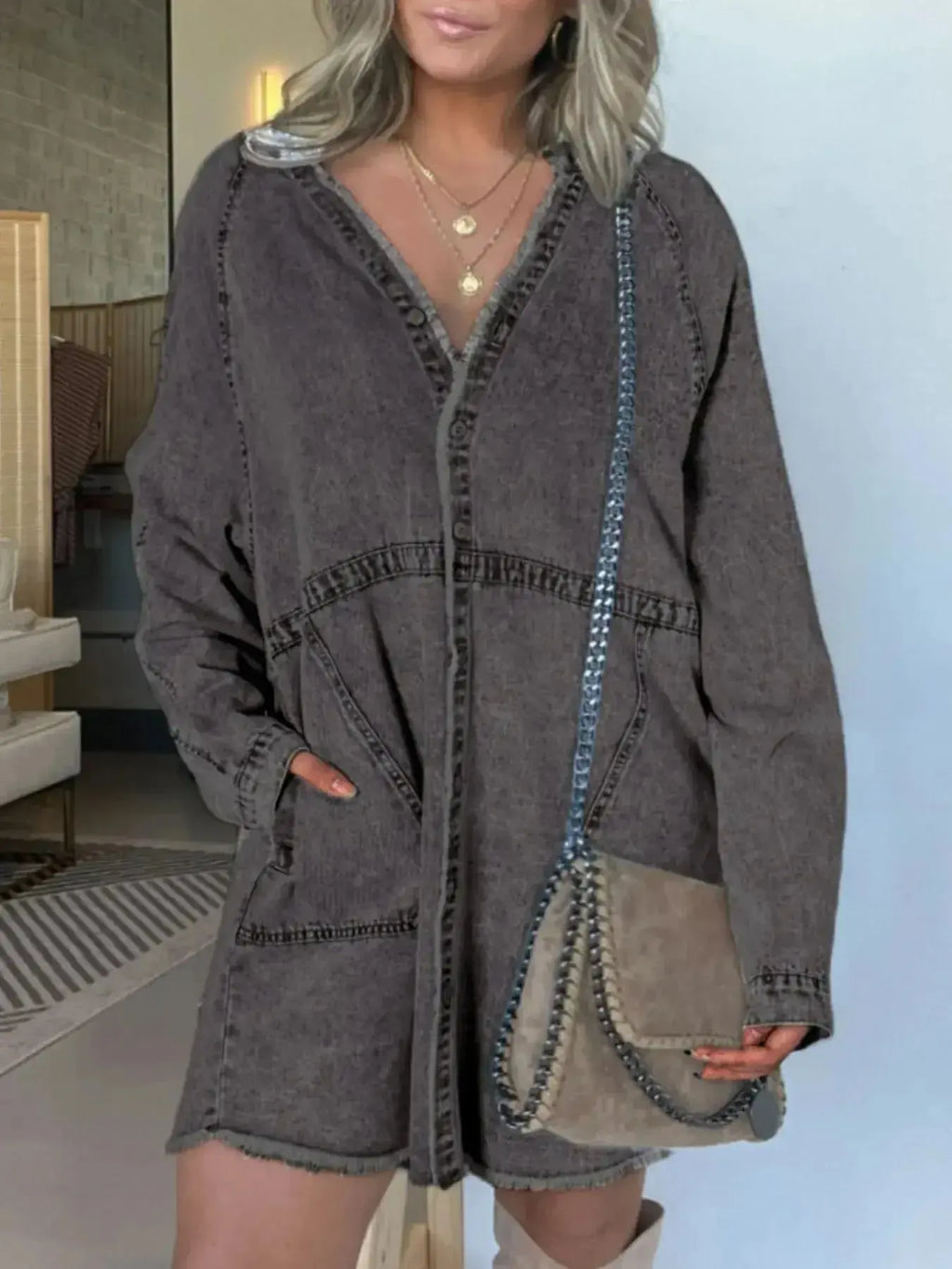 Full Size Button-Front Long Sleeve Denim Shirt Dress Plus Size - Plush Fashion Hub