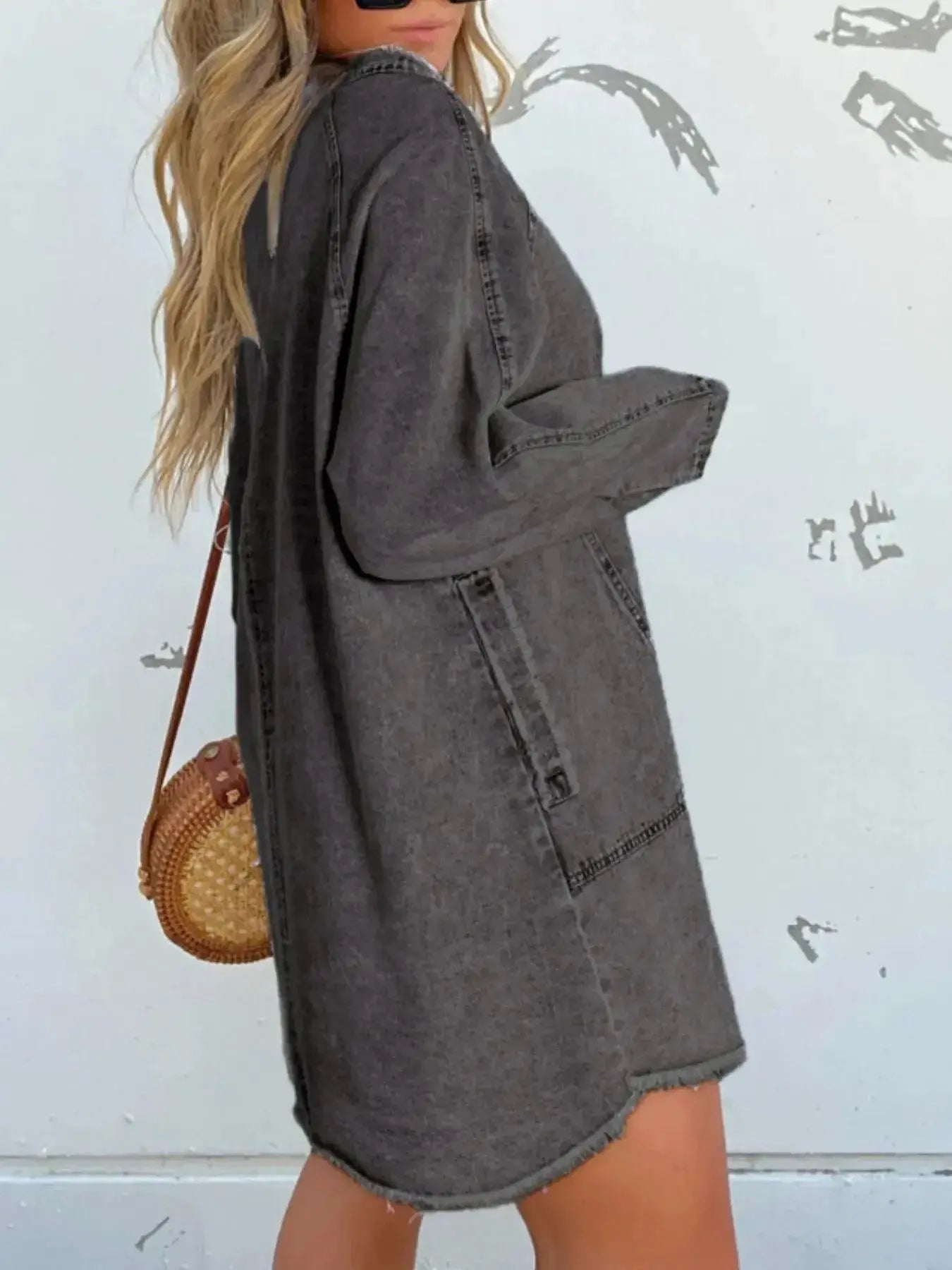 Full Size Button-Front Long Sleeve Denim Shirt Dress Plus Size - Plush Fashion Hub