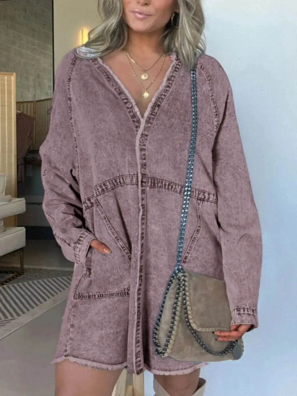 Full Size Button-Front Long Sleeve Denim Shirt Dress Plus Size - Plush Fashion Hub