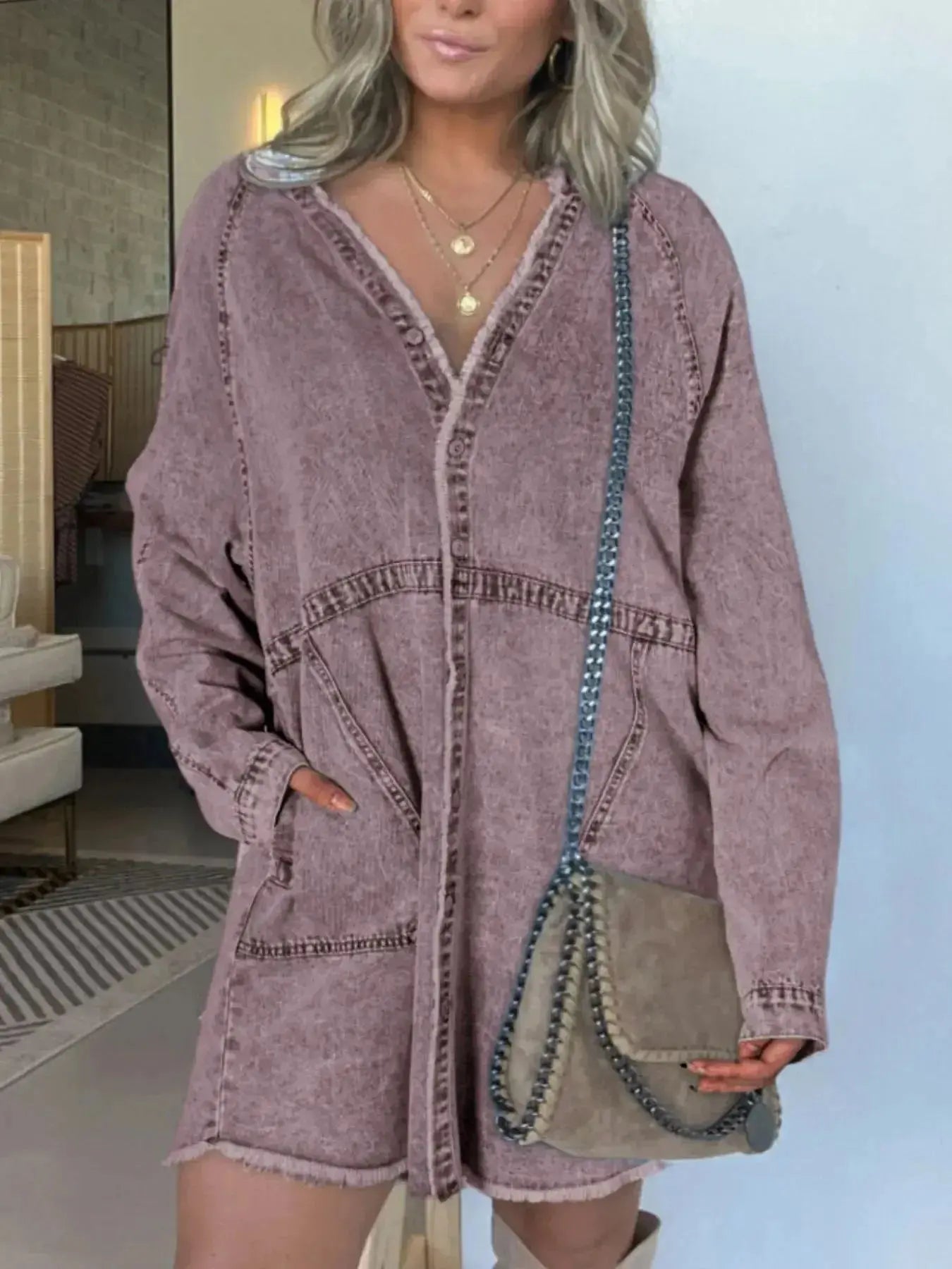 Full Size Button-Front Long Sleeve Denim Shirt Dress Plus Size - Plush Fashion Hub