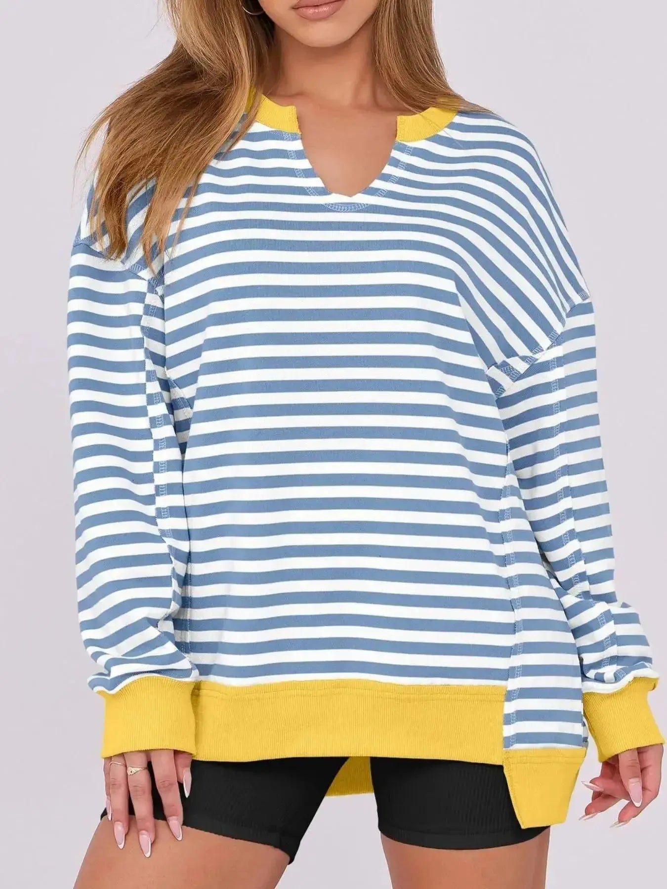 Notched Long Sleeve Oversized Sweatshirt - Plush Fashion Hub
