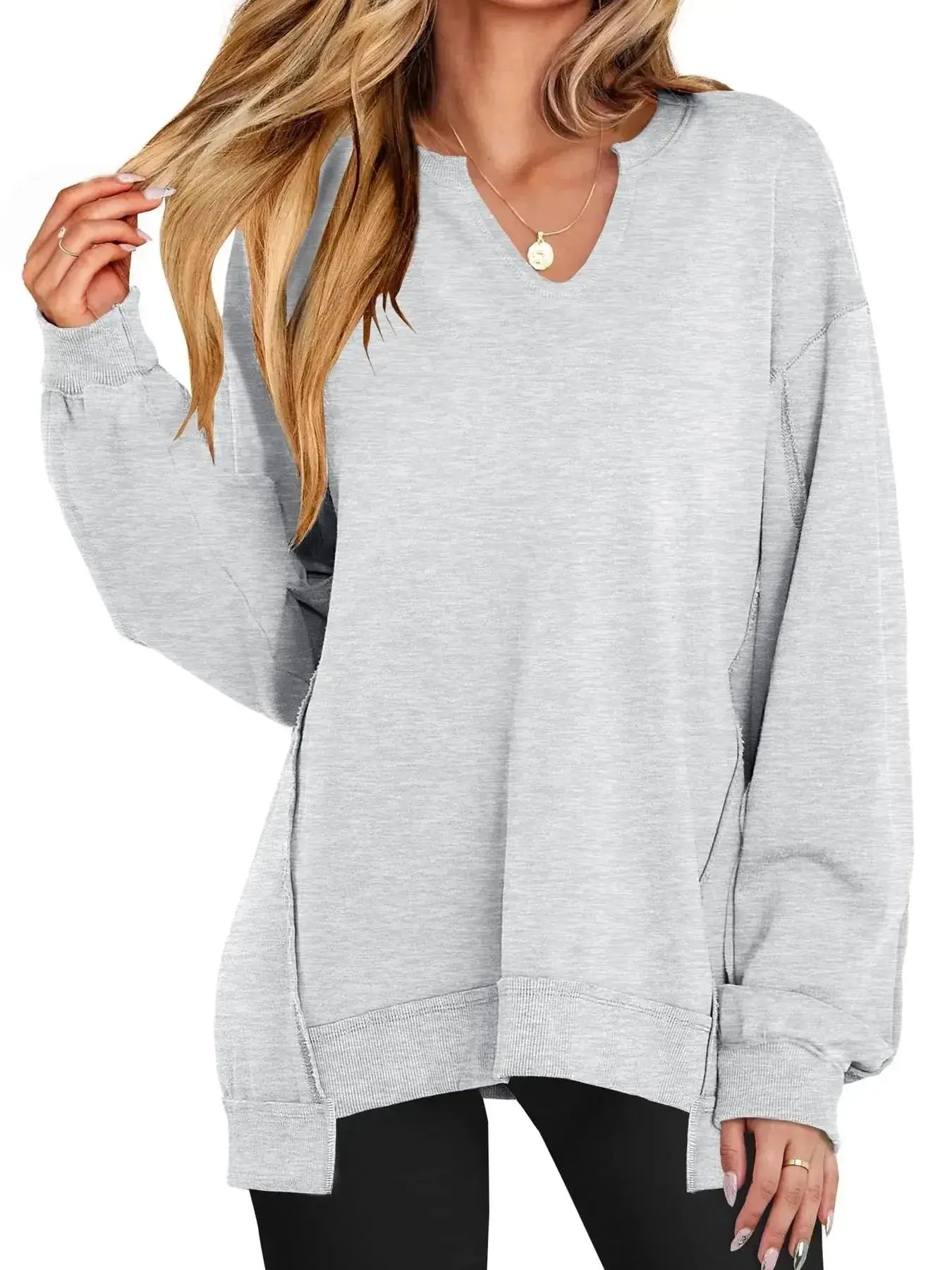 Notched Long Sleeve Oversized Sweatshirt - Plush Fashion Hub