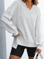 Notched Long Sleeve Oversized Sweatshirt - Plush Fashion Hub