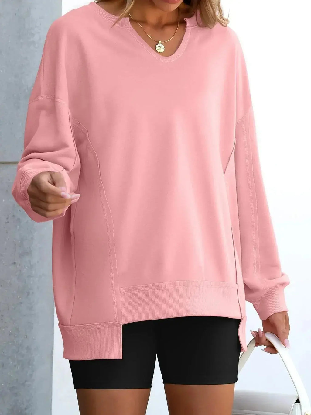 Notched Long Sleeve Oversized Sweatshirt - Plush Fashion Hub