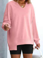Notched Long Sleeve Oversized Sweatshirt - Plush Fashion Hub