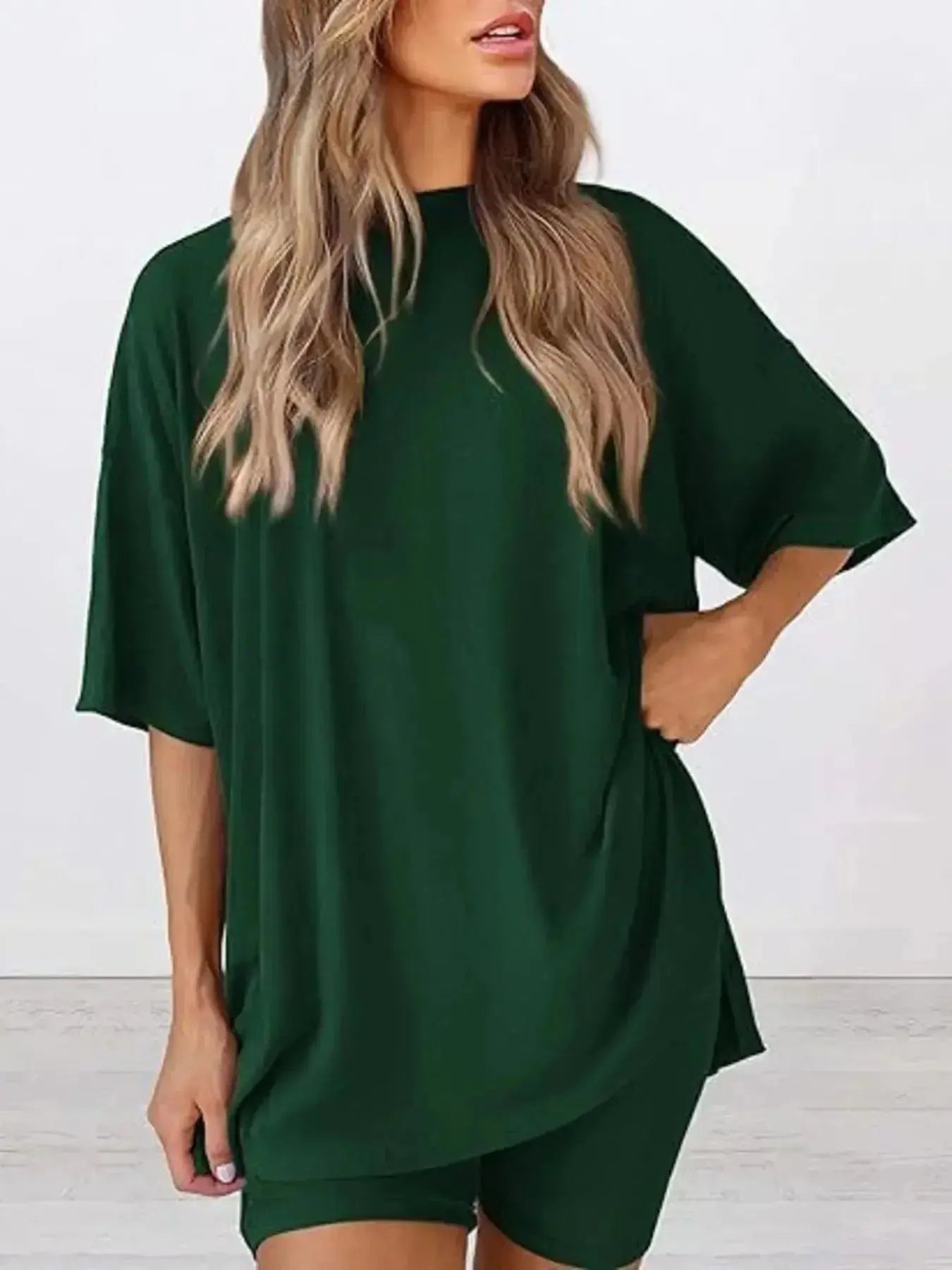 Full Size Oversized Round Neck Top and Shorts Set Plus Size - Plush Fashion Hub