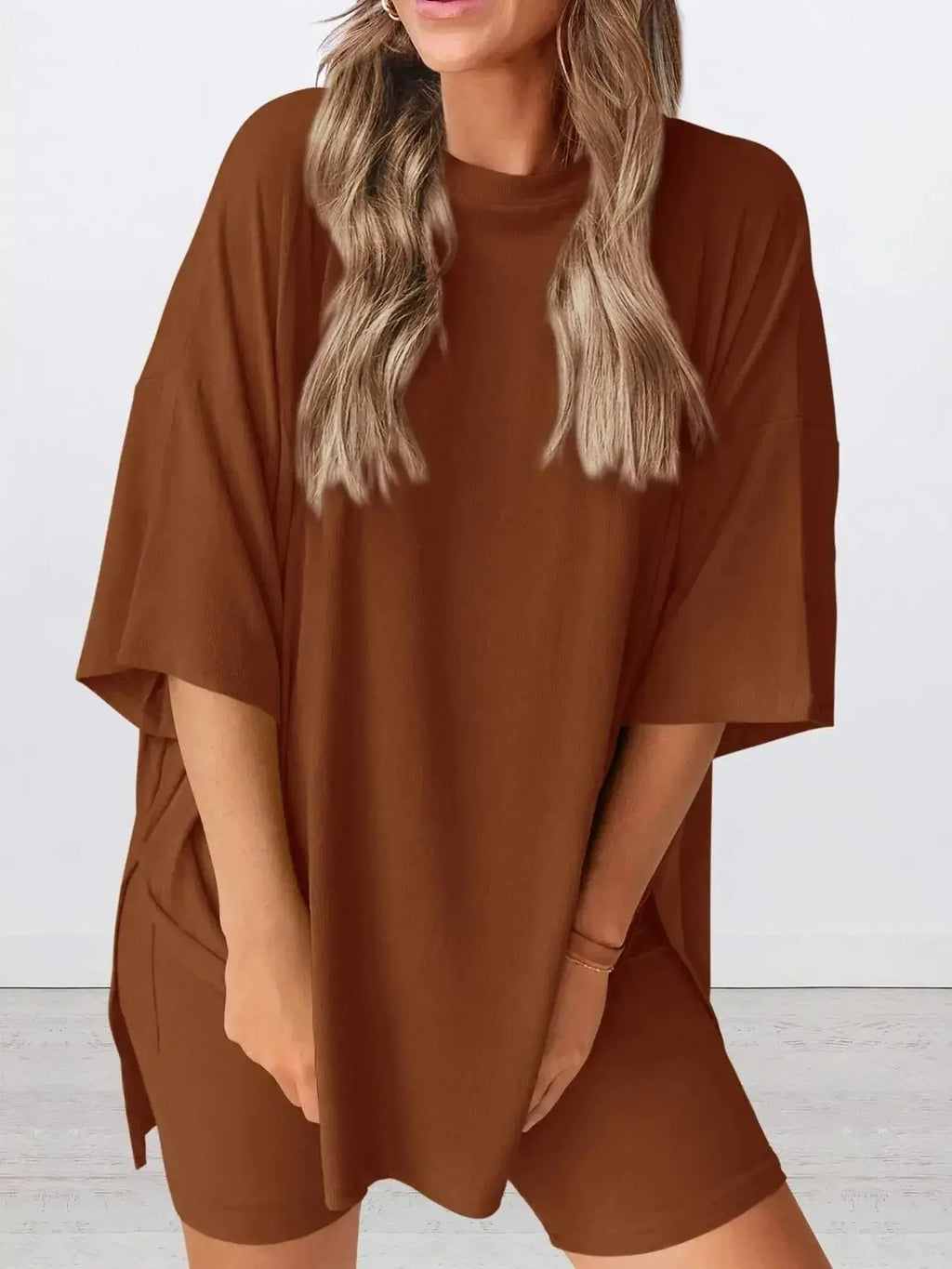 Full Size Oversized Round Neck Top and Shorts Set Plus Size - Plush Fashion Hub