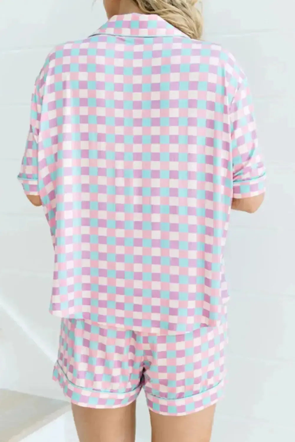 Plaid Collared Neck Short Sleeve Top and Shorts Lounge Set - Plush Fashion Hub