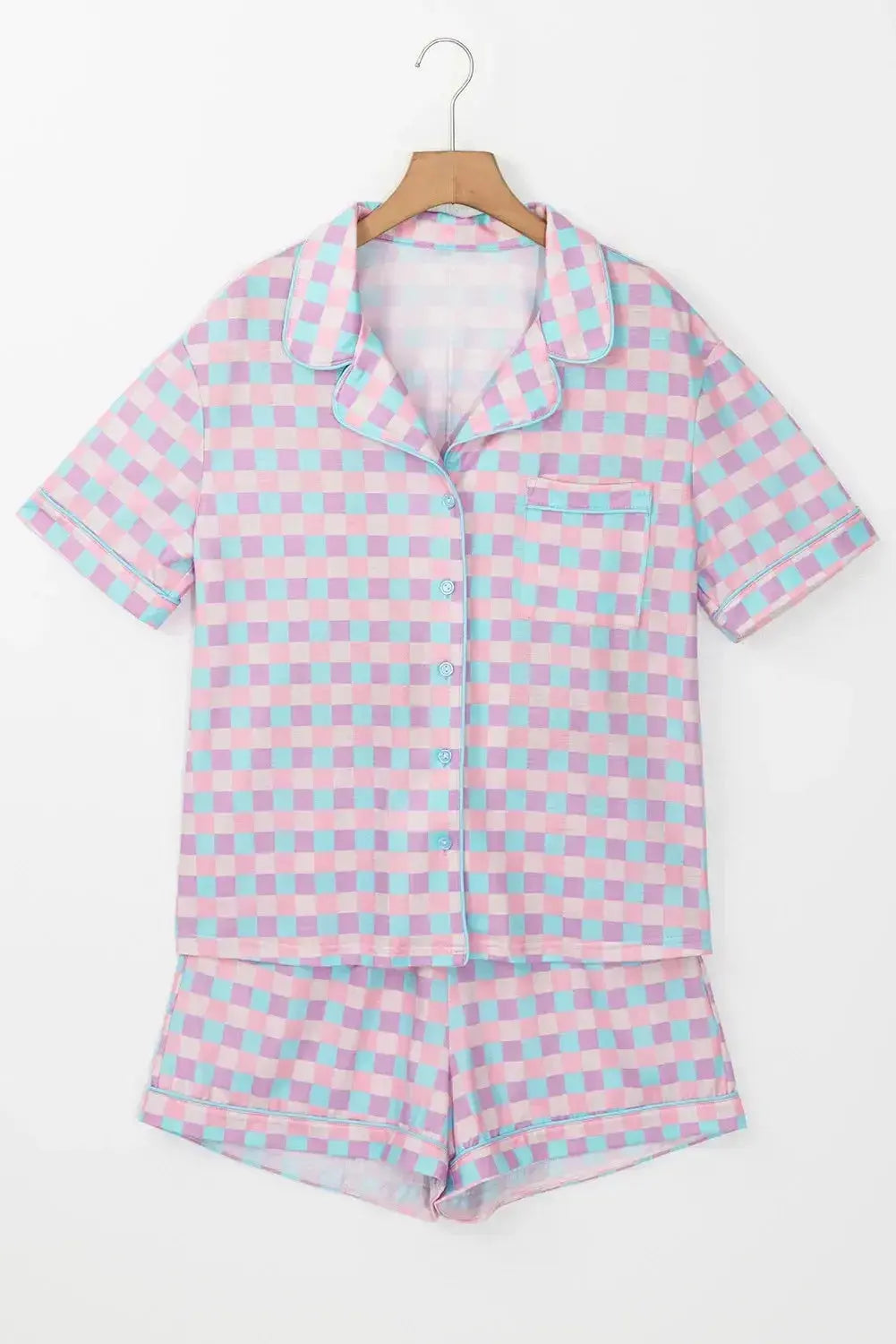 Plaid Collared Neck Short Sleeve Top and Shorts Lounge Set - Plush Fashion Hub