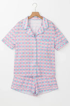 Plaid Collared Neck Short Sleeve Top and Shorts Lounge Set - Plush Fashion Hub