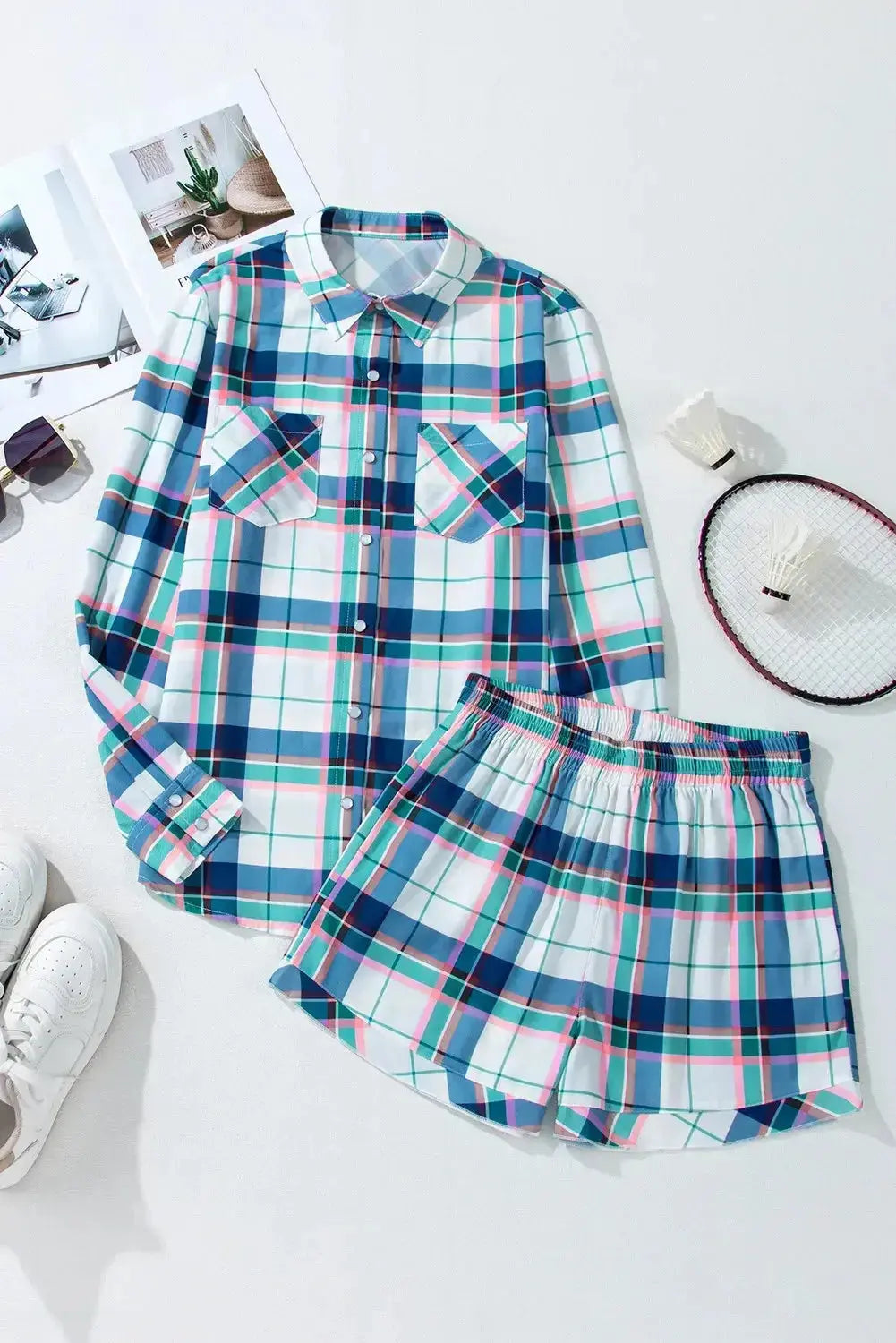 Plaid Snap Down Long Sleeve Top and Shorts Lounge Set - Plush Fashion Hub