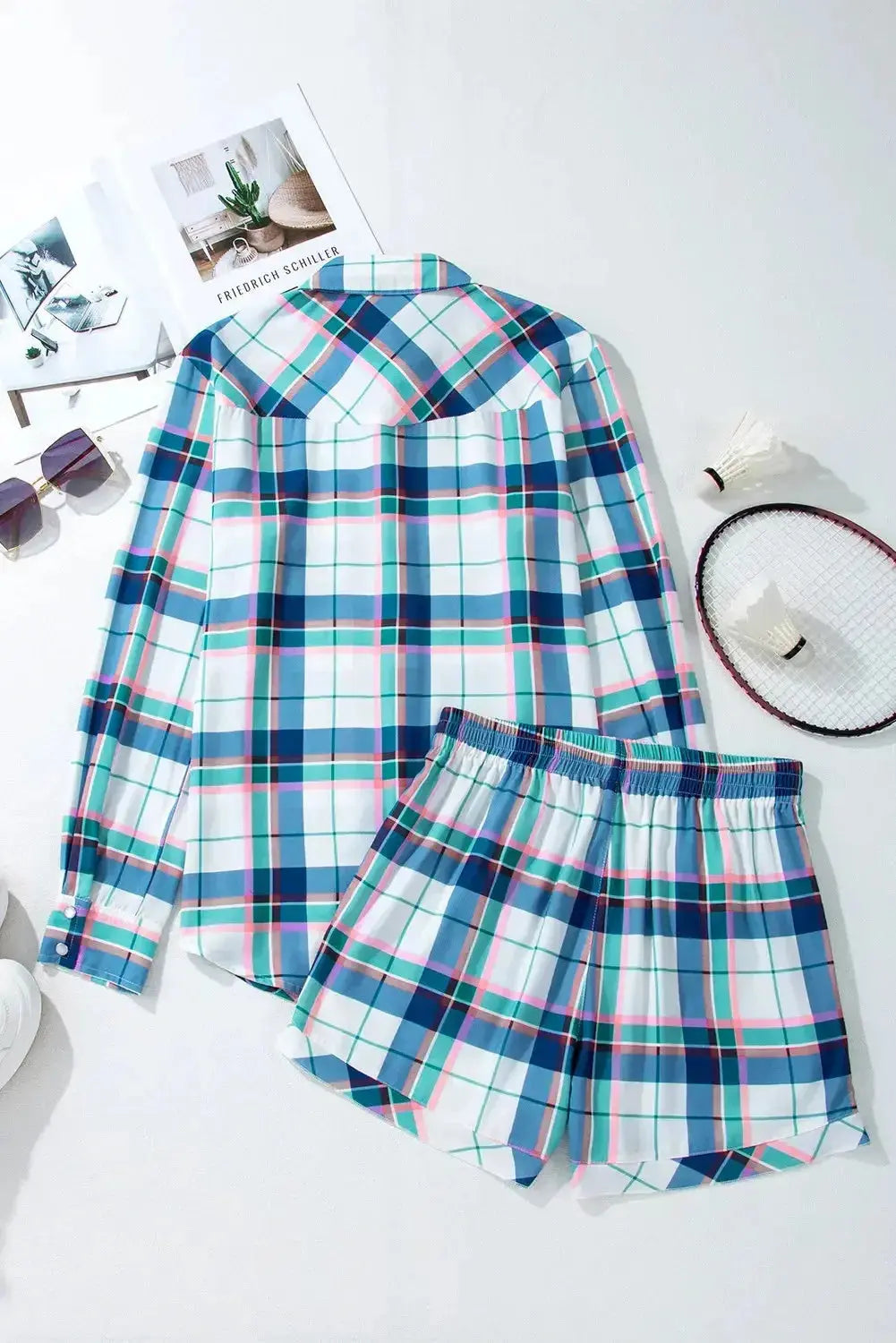Plaid Snap Down Long Sleeve Top and Shorts Lounge Set - Plush Fashion Hub