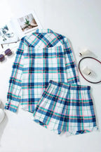 Plaid Snap Down Long Sleeve Top and Shorts Lounge Set - Plush Fashion Hub