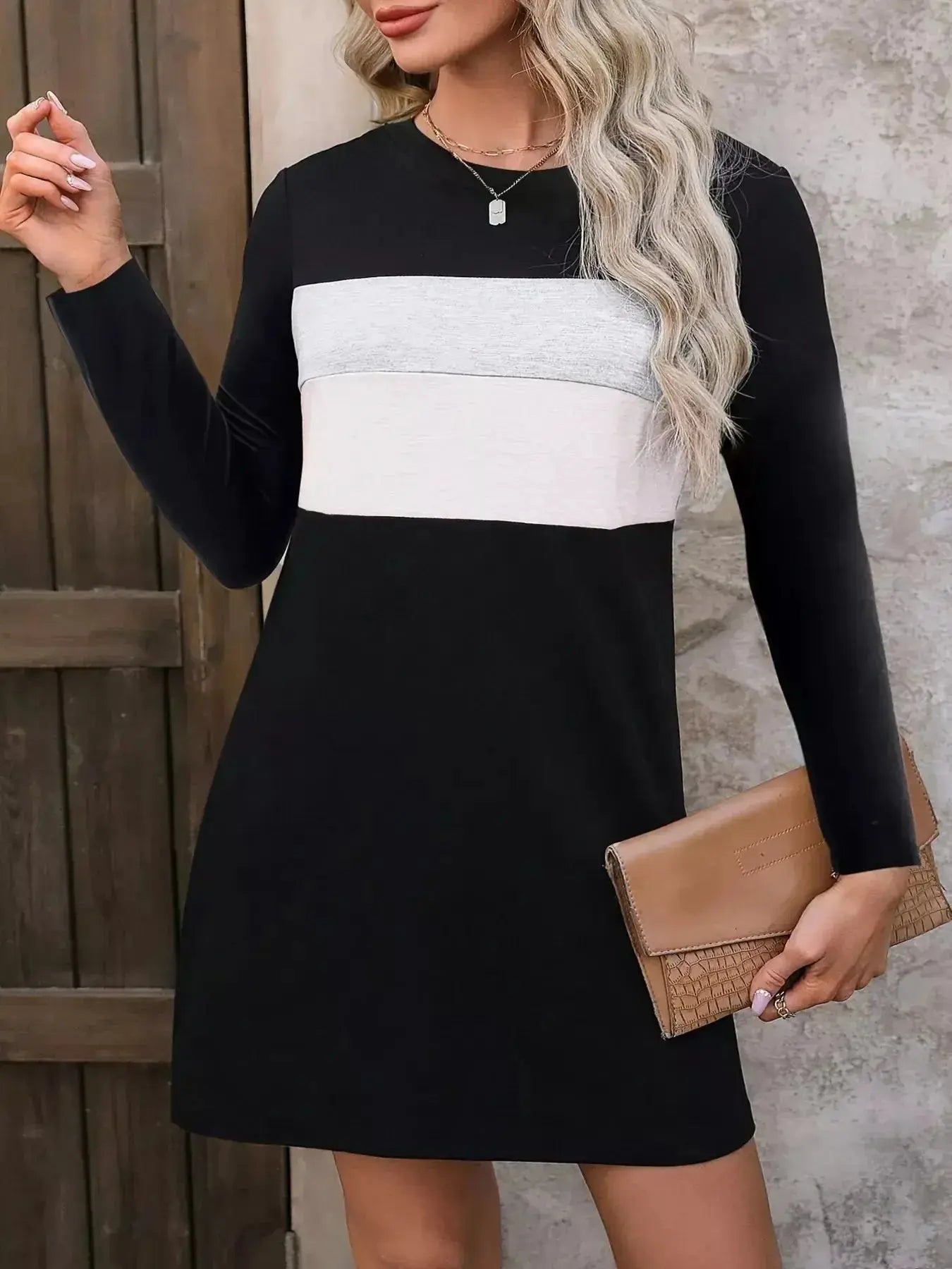 Plus Size Color Block Long Sleeve Casual Mini Dress - Plush Fashion Hub