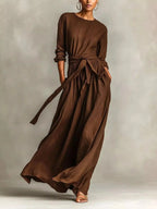Full Size Long Sleeve Tie Waist Maxi Dress Plus Size - Plush Fashion Hub