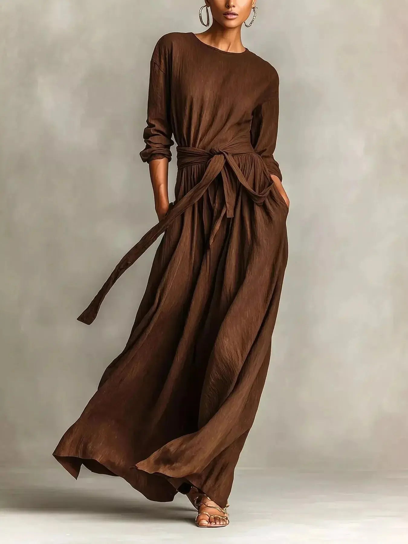 Full Size Long Sleeve Tie Waist Maxi Dress Plus Size - Plush Fashion Hub