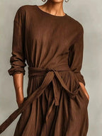 Full Size Long Sleeve Tie Waist Maxi Dress Plus Size - Plush Fashion Hub
