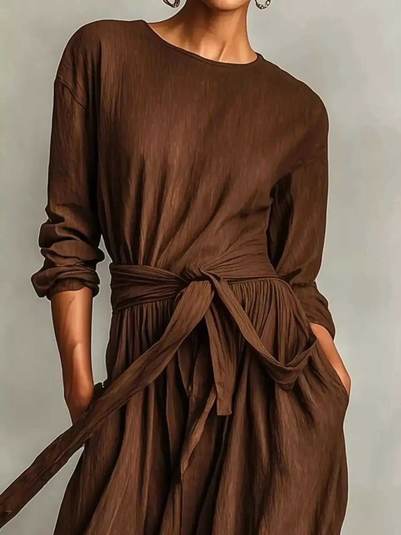 Full Size Long Sleeve Tie Waist Maxi Dress Plus Size - Plush Fashion Hub