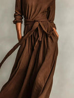 Full Size Long Sleeve Tie Waist Maxi Dress Plus Size - Plush Fashion Hub