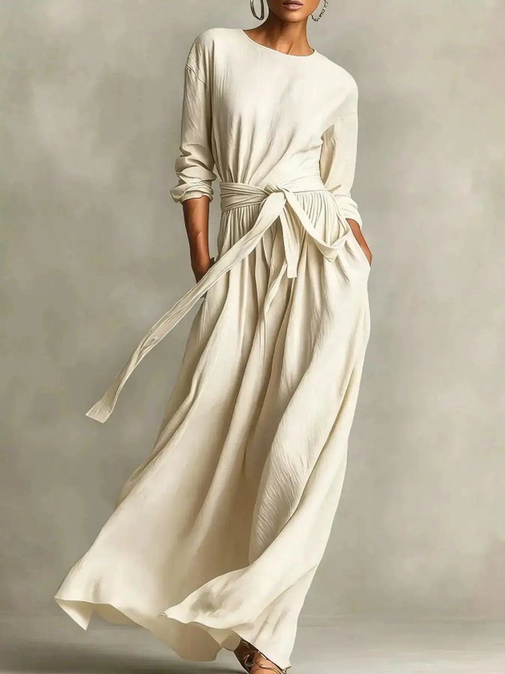 Full Size Long Sleeve Tie Waist Maxi Dress Plus Size - Plush Fashion Hub