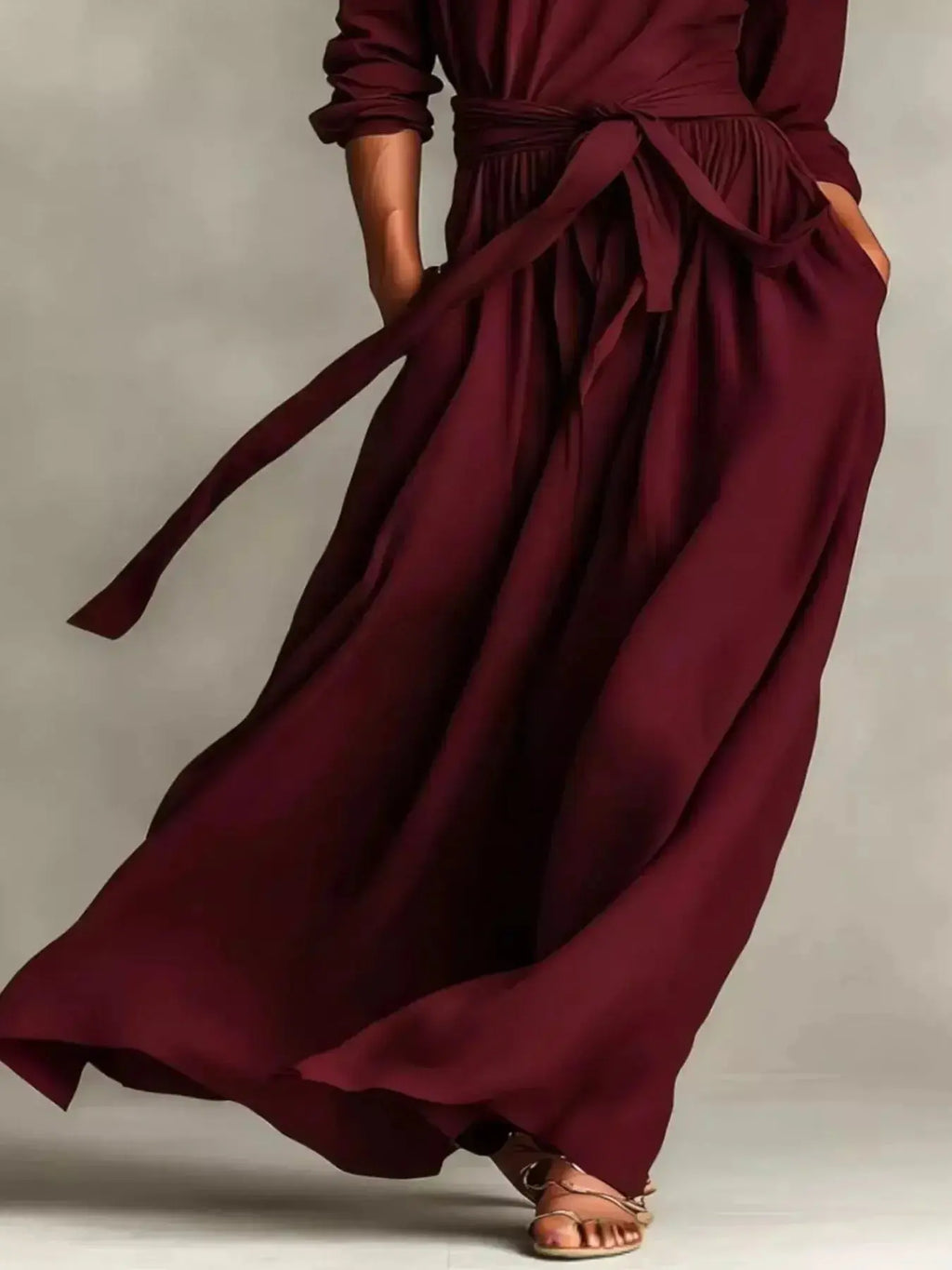 Full Size Long Sleeve Tie Waist Maxi Dress Plus Size - Plush Fashion Hub