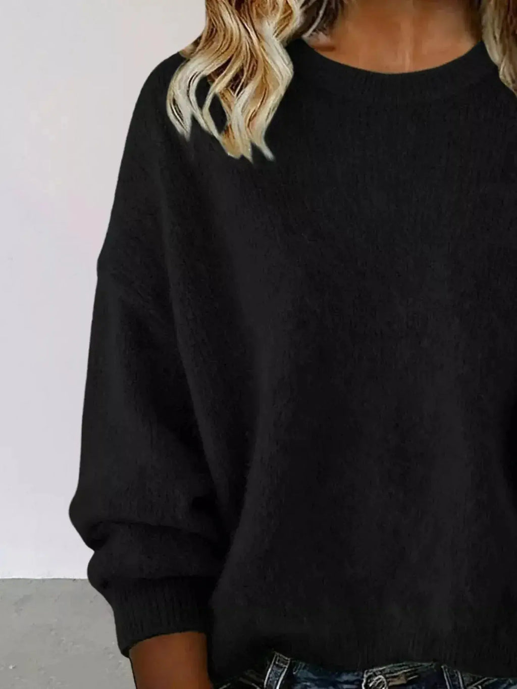 Full Size Round Neck Dropped Shoulder Sweater Plus Size - Plush Fashion Hub