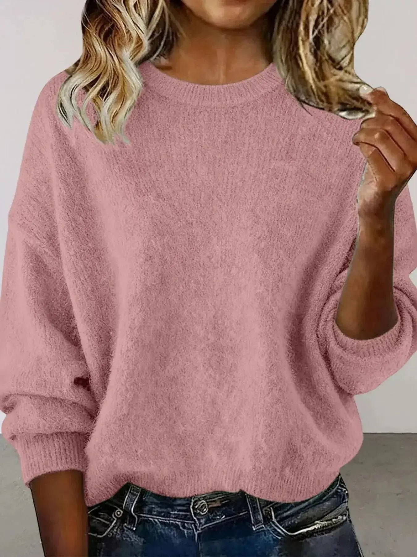 Full Size Round Neck Dropped Shoulder Sweater Plus Size - Plush Fashion Hub