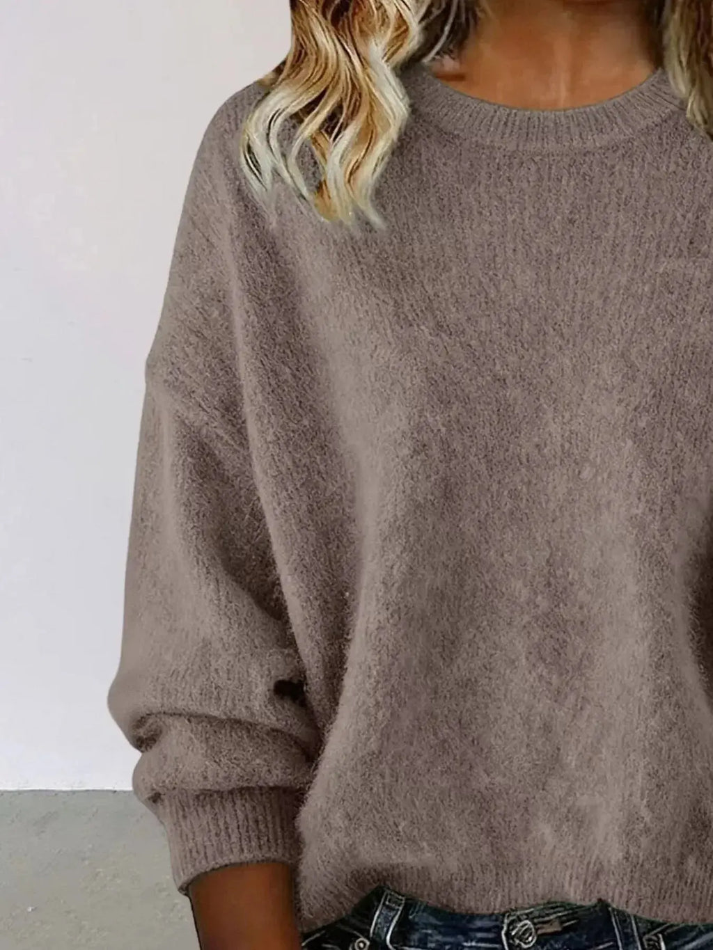 Full Size Round Neck Dropped Shoulder Sweater Plus Size - Plush Fashion Hub