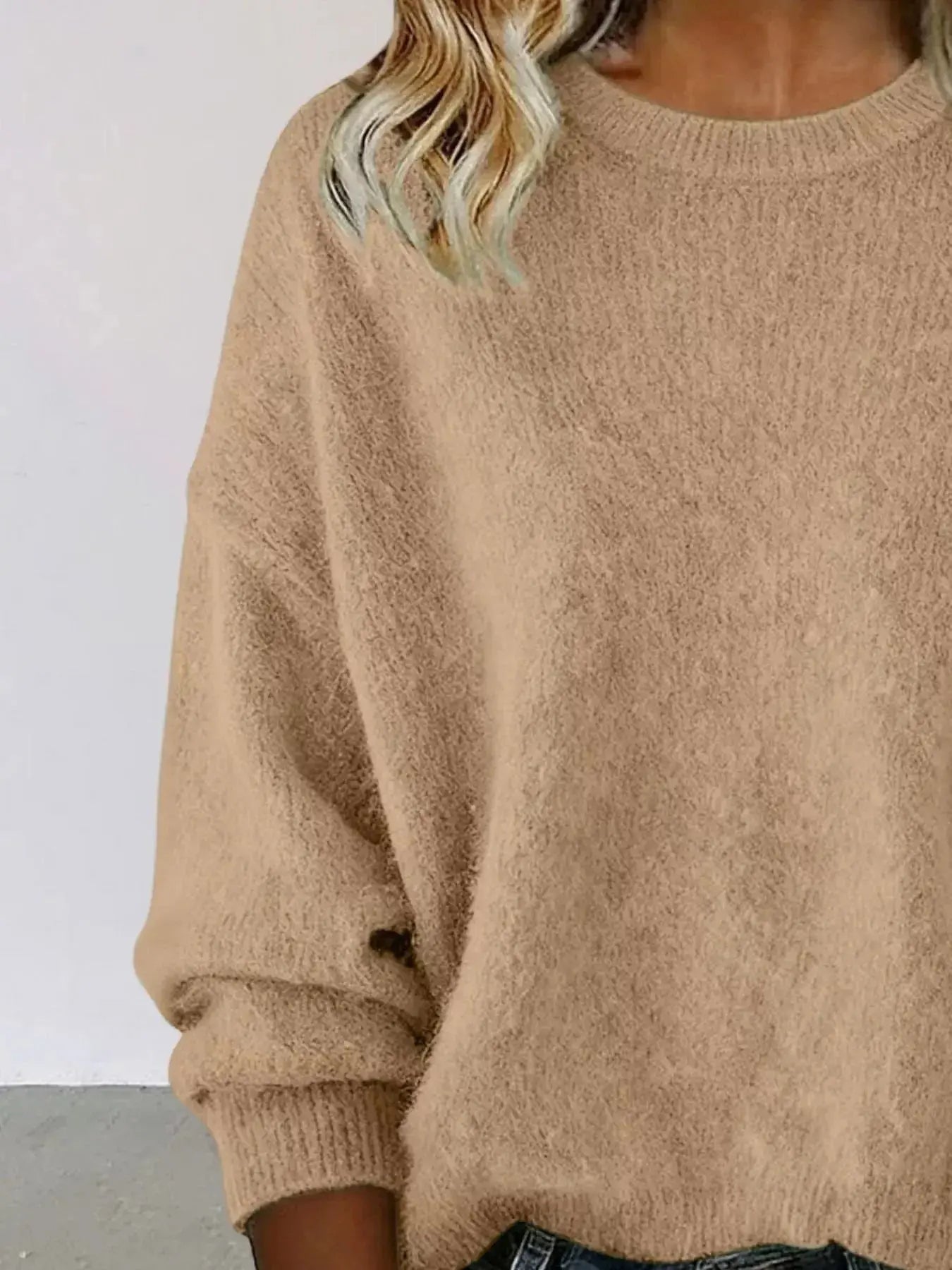 Full Size Round Neck Dropped Shoulder Sweater Plus Size - Plush Fashion Hub