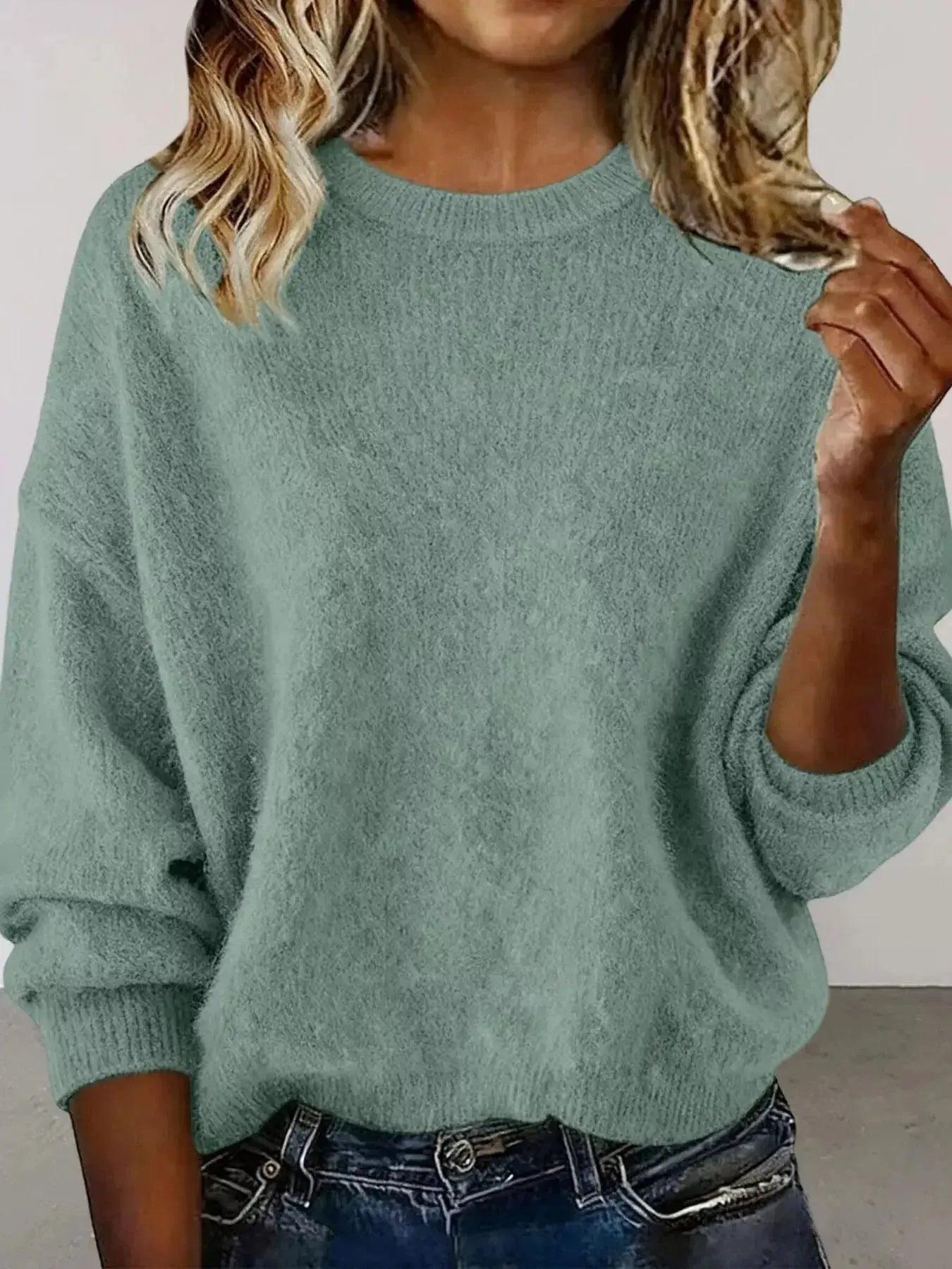 Full Size Round Neck Dropped Shoulder Sweater Plus Size - Plush Fashion Hub