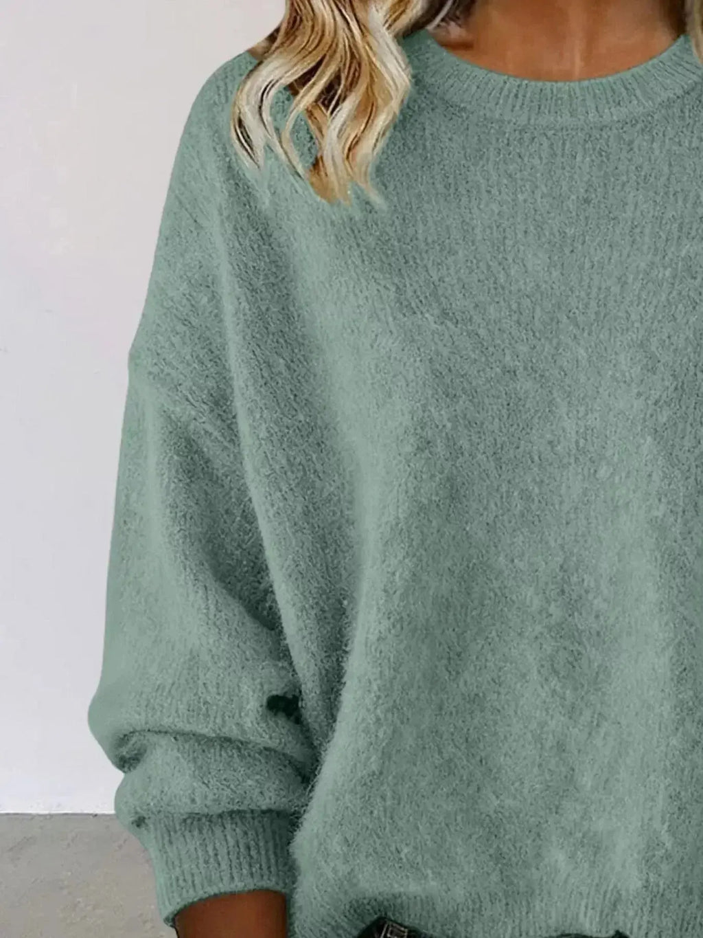Full Size Round Neck Dropped Shoulder Sweater Plus Size - Plush Fashion Hub