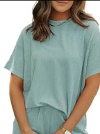 Full Size Ribbed Short Sleeve Top and Shorts Two-Piece Set Plus Size - Plush Fashion Hub