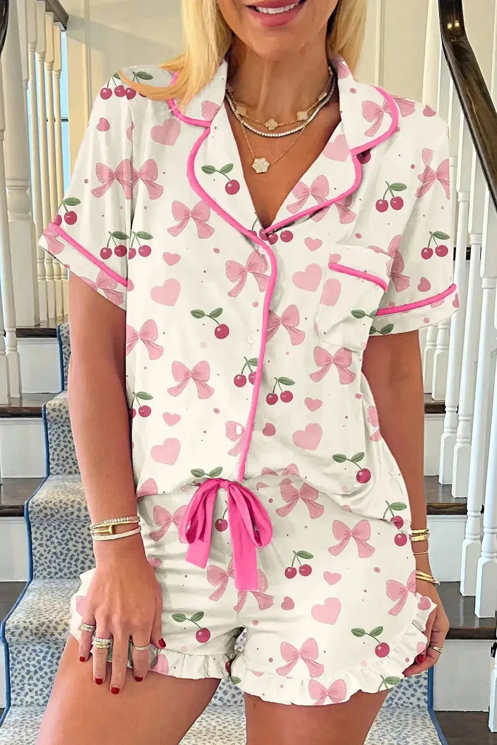 Printed Button Up Short Sleeve Top and Shorts Lounge Set - Plush Fashion Hub