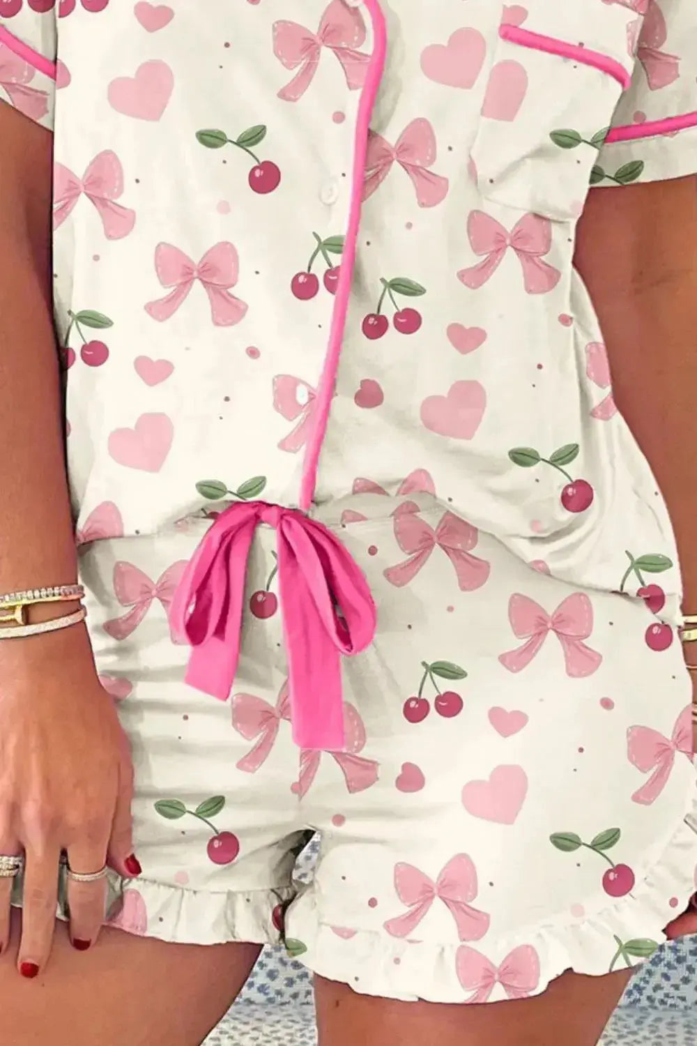 Printed Button Up Short Sleeve Top and Shorts Lounge Set - Plush Fashion Hub