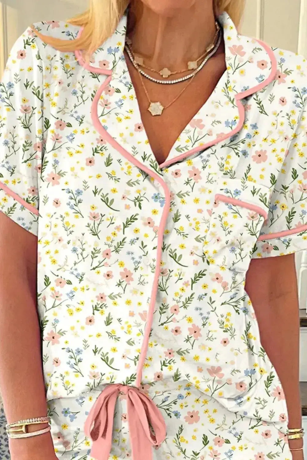 Printed Button Up Short Sleeve Top and Shorts Lounge Set - Plush Fashion Hub