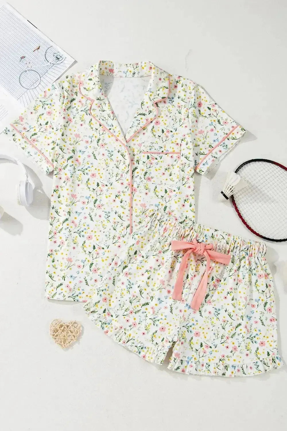 Printed Button Up Short Sleeve Top and Shorts Lounge Set - Plush Fashion Hub