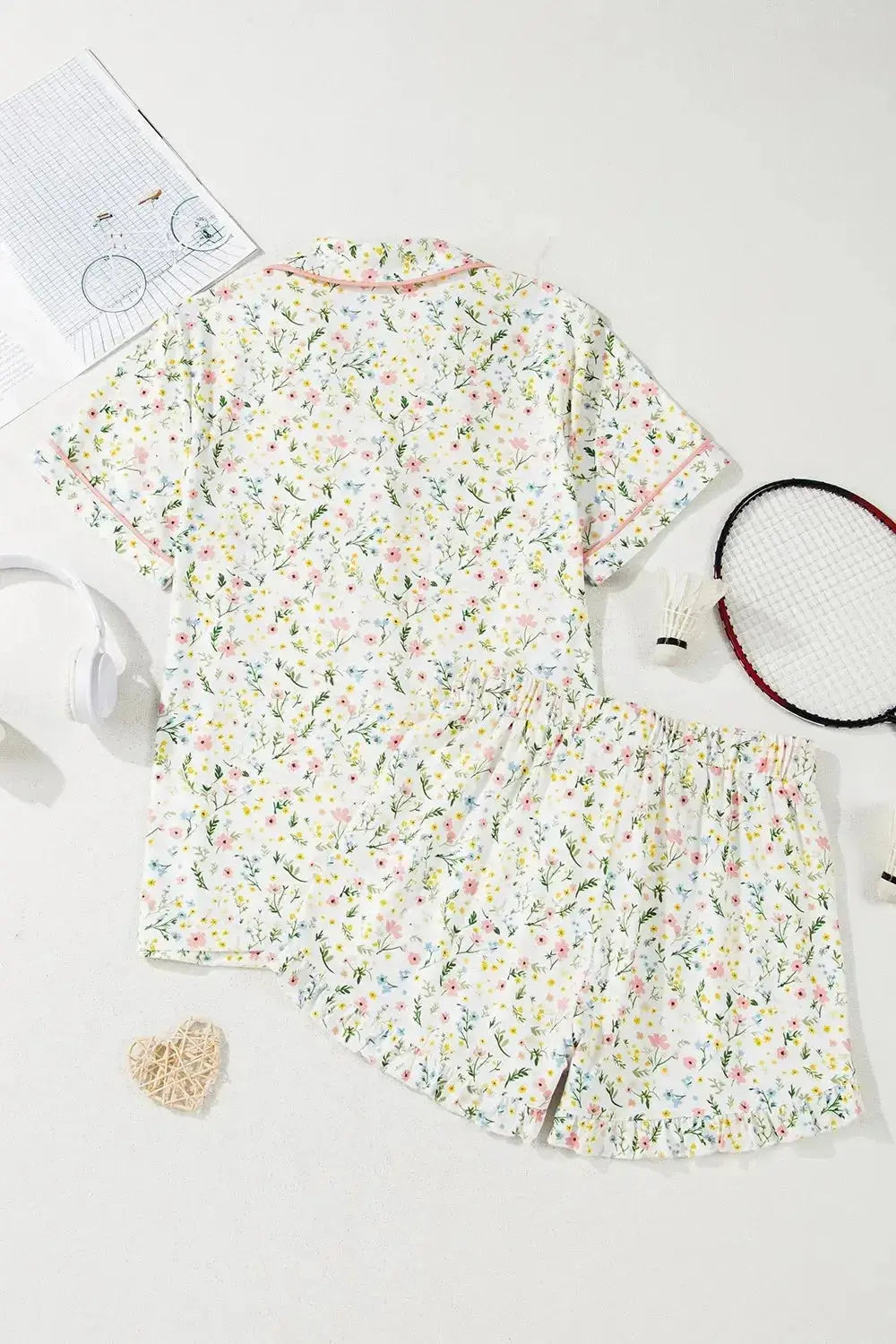 Printed Button Up Short Sleeve Top and Shorts Lounge Set - Plush Fashion Hub