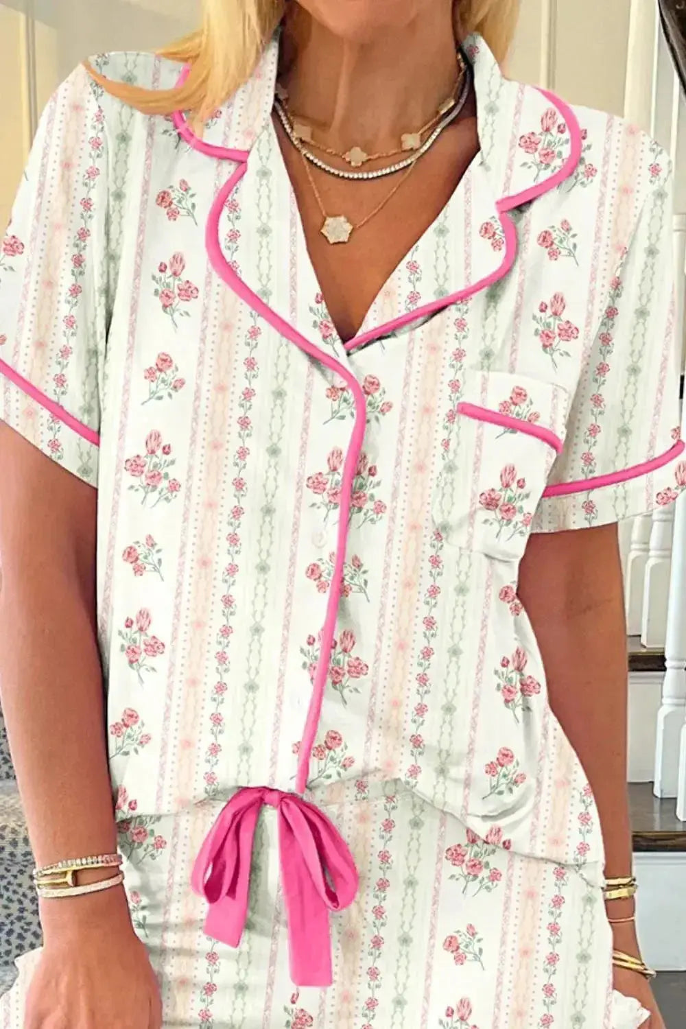 Printed Button Up Short Sleeve Top and Shorts Lounge Set - Plush Fashion Hub