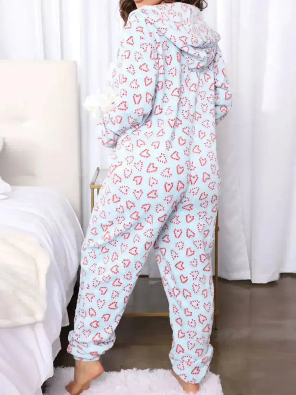 Printed Zip Up Long Sleeve Hooded Lounge Jumpsuit - Plush Fashion Hub