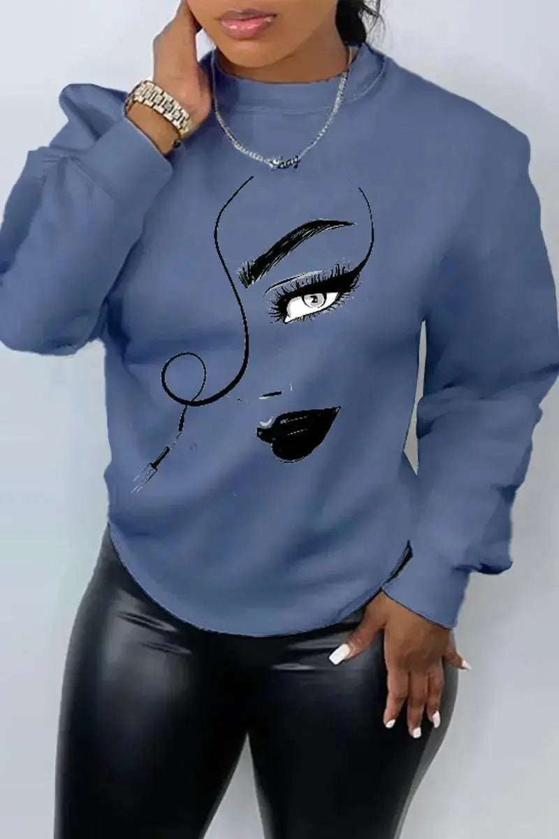 Women's Printed Long Sleeve Crew Neck Casual Loose Sweater - Plush Fashion Hub