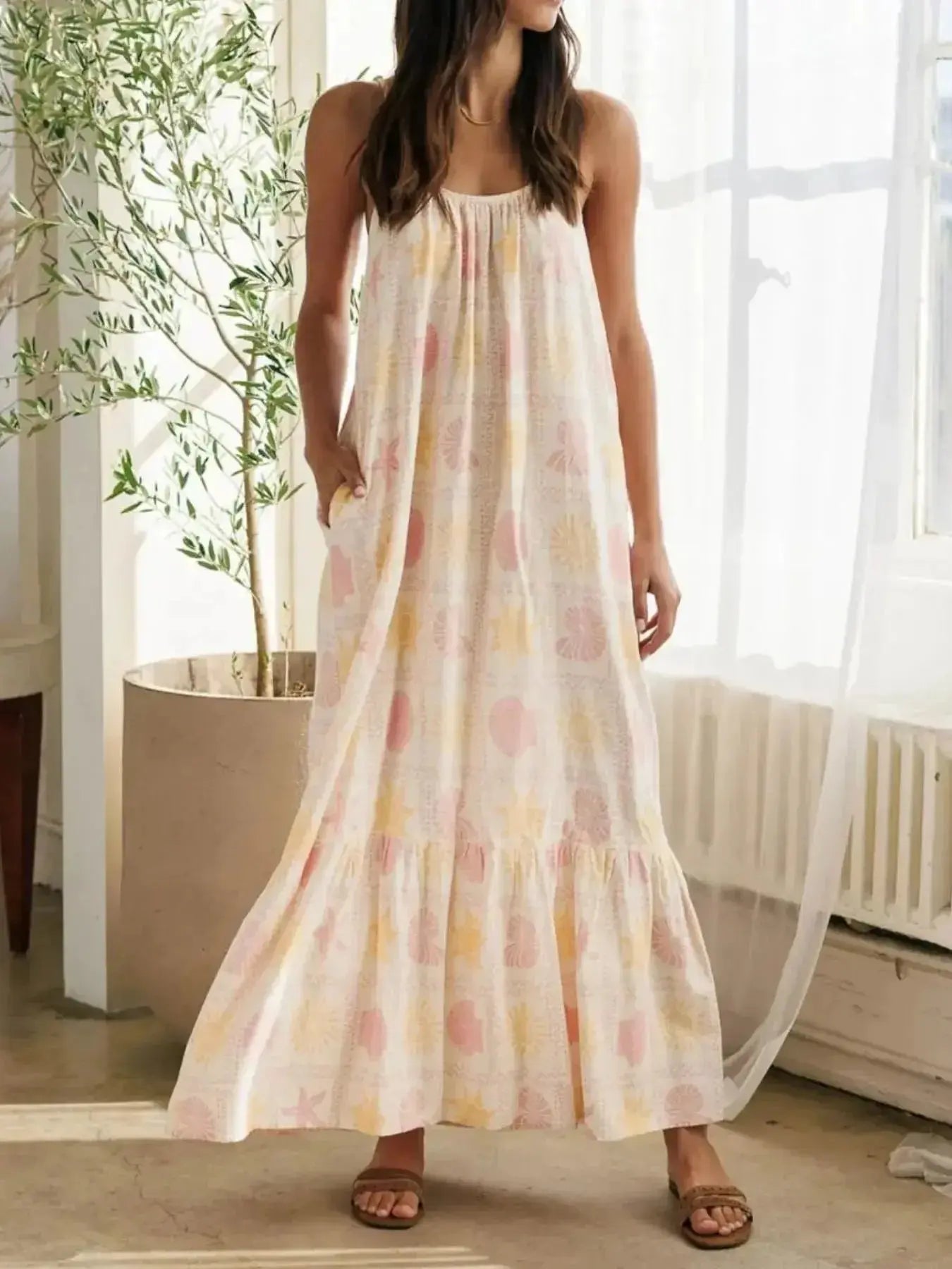 Printed Maxi Lounge Dress with Ruffled Hem - Plush Fashion Hub