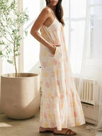 Printed Maxi Lounge Dress with Ruffled Hem - Plush Fashion Hub
